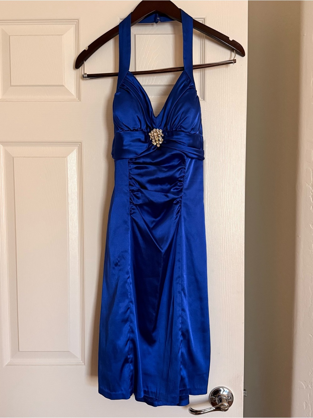 Roberta Y2K Blue Satin Halter Open Back Homecoming Formal Dress 7/8
